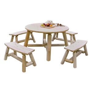 Outdoor Round Dining Table and Curved Outdoor Log Bench - L504 and L525 - Martins Custom Woodwork